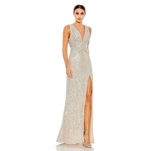 Mac Duggal Women's Nude V-Neck Sequin Wrap Waist Sheath Gown Size 16
